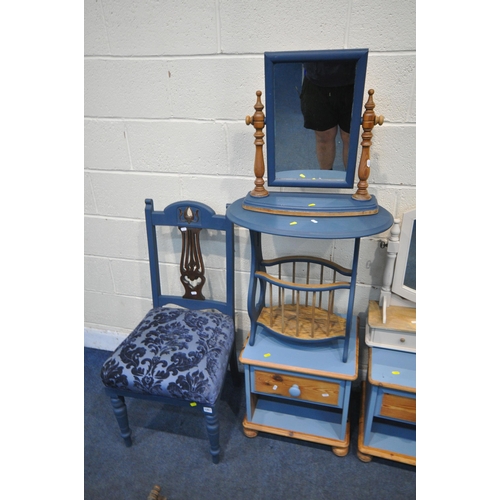 1257 - A SELECTION OF BLUE PAINTED FURNITURE, to include a chair, a pair of single drawer bedside cabinets,... 