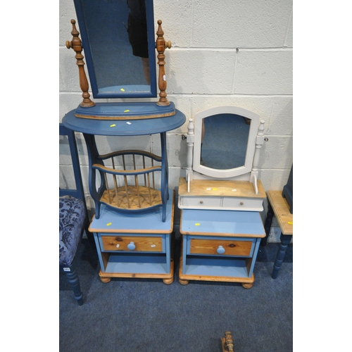 1257 - A SELECTION OF BLUE PAINTED FURNITURE, to include a chair, a pair of single drawer bedside cabinets,... 