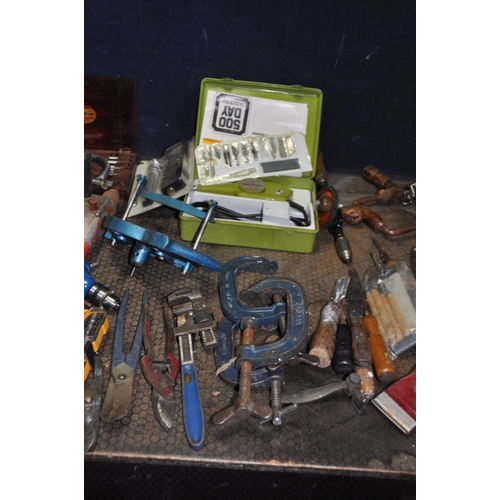 1061 - A CASE AND TWO TRAYS CONTAINING TOOLS including two Record and one Woden G Clamps, a Stanley No4 pla... 