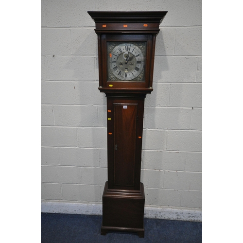 1260 - A MAHOGANY EIGHT DAY LONGCASE CLOCK, with box strung inlay, the hood with a glazed door, enclosing a... 