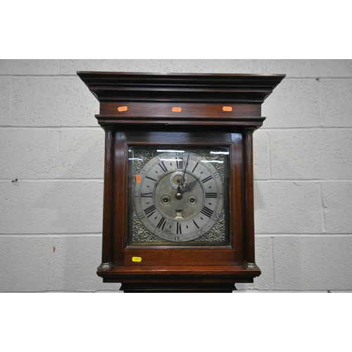 1260 - A MAHOGANY EIGHT DAY LONGCASE CLOCK, with box strung inlay, the hood with a glazed door, enclosing a... 