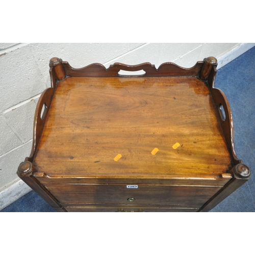 1263 - A GEORGIAN MAHOGANY BEDSIDE TRAY TOP COMMODE, with twin handles, a hide and fall door, above a pull ... 