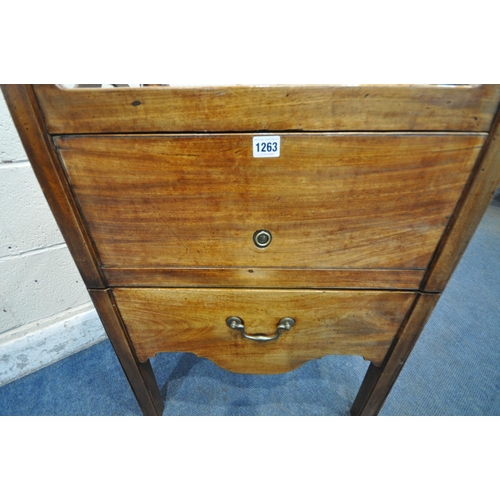 1263 - A GEORGIAN MAHOGANY BEDSIDE TRAY TOP COMMODE, with twin handles, a hide and fall door, above a pull ... 