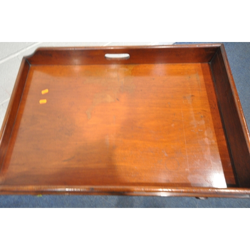 1266 - AN EARLY 20TH CENTURY MAHOGANY BUTLERS TRAY TABLE, with twin handles, on a folding cross frame, widt... 