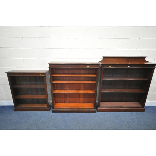 1270 - THREE 20TH CENTURY MAHOGANY OPEN BOOKCASES, largest width 123cm x depth 30cm x height 136cm (conditi... 