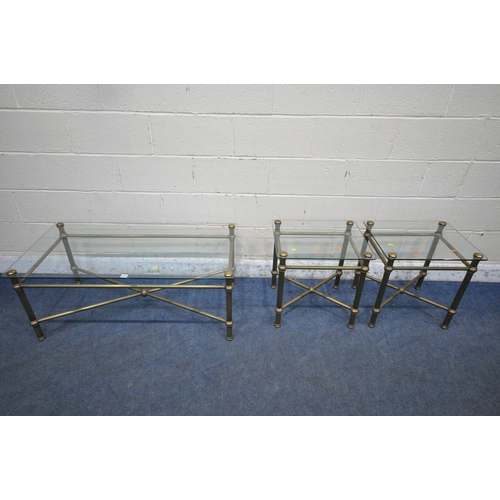 1272 - A 20TH CENTURY RECTANGULAR GLASS COFFEE TABLE, with a tubular brass frame, length 111cm x depth 56cm... 