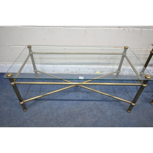 1272 - A 20TH CENTURY RECTANGULAR GLASS COFFEE TABLE, with a tubular brass frame, length 111cm x depth 56cm... 