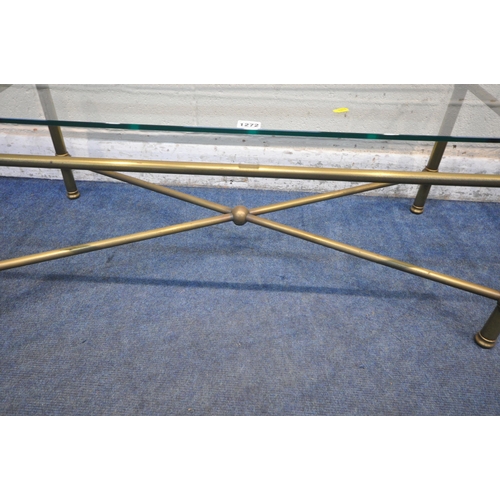 1272 - A 20TH CENTURY RECTANGULAR GLASS COFFEE TABLE, with a tubular brass frame, length 111cm x depth 56cm... 