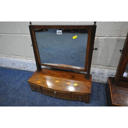 1276 - A GEORGIAN MAHOGANY BOW FRONT DRESSING TABLE MIRROR, with twin finial, three drawers, width 47cm x d... 