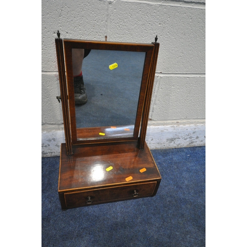 1276 - A GEORGIAN MAHOGANY BOW FRONT DRESSING TABLE MIRROR, with twin finial, three drawers, width 47cm x d... 