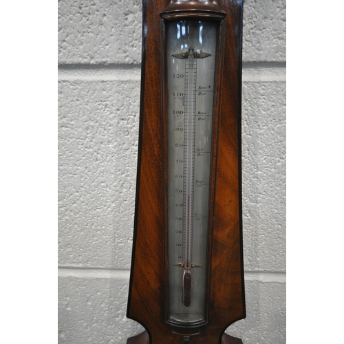 1277 - A 19TH CENTURY J STROUD MAHOGANY BANJO BAROMETER, with a dry/damp dial, a thermometer, a large centr... 