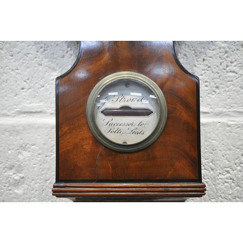 1277 - A 19TH CENTURY J STROUD MAHOGANY BANJO BAROMETER, with a dry/damp dial, a thermometer, a large centr... 