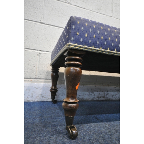 1279 - TWO EARLY 20TH CENTURY STOOLS, the larger stool with blue upholstery, raised on turned legs and cera... 