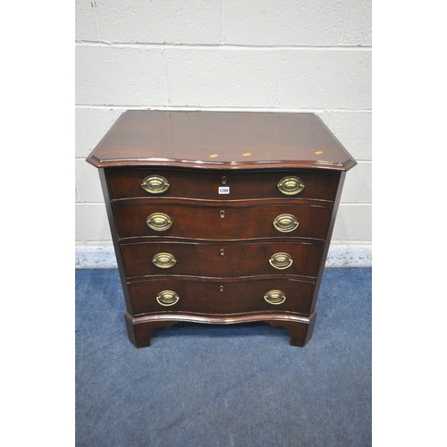 1280 - A GEORGIAN MAHOGANY SERPENTINE CHEST OF FOUR DRAWERS, on bracket feet, width 80cm x depth 53cm x hei... 