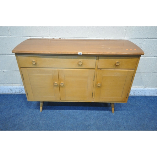 1292 - LUCIAN ERCOLANI, ERCOL, A MID CENTURY ELM AND BEECH SIDEBOARD, fitted with two drawers, above three ... 