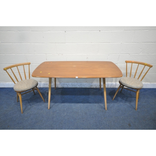 1293 - LUCIAN ERCOLANI, ERCOL, A MID CENTURY ELM AND BEECH RECTANGULAR DINING TABLE, on splayed square tape... 