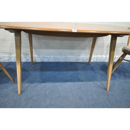 1293 - LUCIAN ERCOLANI, ERCOL, A MID CENTURY ELM AND BEECH RECTANGULAR DINING TABLE, on splayed square tape... 