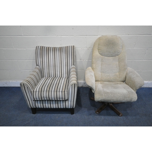 1296 - A MODERN ARMCHAIR, with stripped upholstery, width 79cm x depth 85cm x height 90cm, along with a bei... 