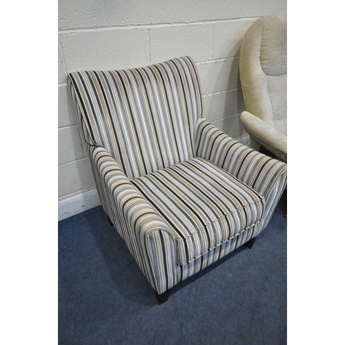 1296 - A MODERN ARMCHAIR, with stripped upholstery, width 79cm x depth 85cm x height 90cm, along with a bei... 