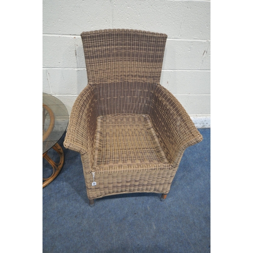 1297 - A COZY BAY RATTAN ARMCHAIR, along with a circular smoked glass table (condition report: general sign... 