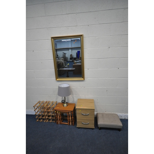 1298 - A GILT FRAMED RECTANGULAR BEVELLED EDGE WALL MIRROR, 100cm x 71cm, a two drawer bedside, a footstool... 