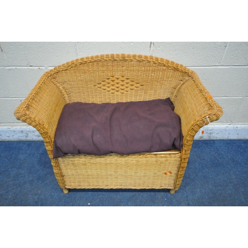 1303 - A SMALL RATTAN STORAGE BENCH, with a purple cushion and a hinged lidded seat, width 93cm x depth 44c... 