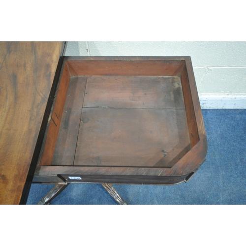 1304 - A REGENCY MAHOGANY FOLD OVER TEA TABLE, the revolving fold over top, enclosing a small storage compa... 