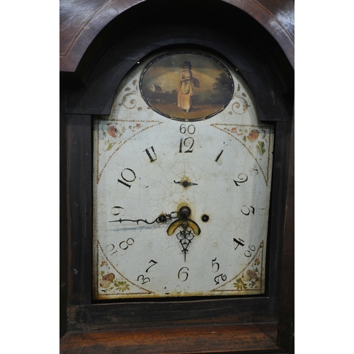 1308 - A GEORGIAN OAK EIGHT DAY LONGCASE CLOCK, with twin swan neck pediment, the arched door enclosing a 1... 