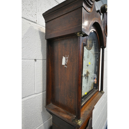 1308 - A GEORGIAN OAK EIGHT DAY LONGCASE CLOCK, with twin swan neck pediment, the arched door enclosing a 1... 