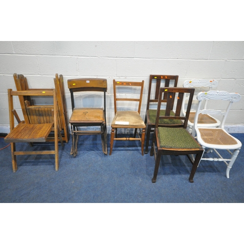 1311 - A VARIETY OF PERIOD CHAIRS, to include a set of four folding chairs, a set of three industrial stack... 