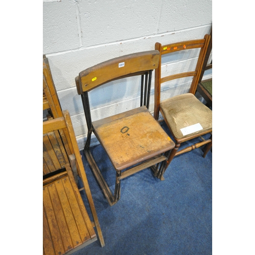 1311 - A VARIETY OF PERIOD CHAIRS, to include a set of four folding chairs, a set of three industrial stack... 