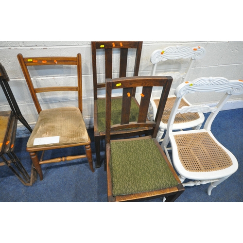 1311 - A VARIETY OF PERIOD CHAIRS, to include a set of four folding chairs, a set of three industrial stack... 