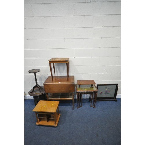 1315 - A 20TH CENTURY OAK TWO TIER DROP LEAF TEA TROLLEY, a lidded musical sewing box and contents, a nest ... 