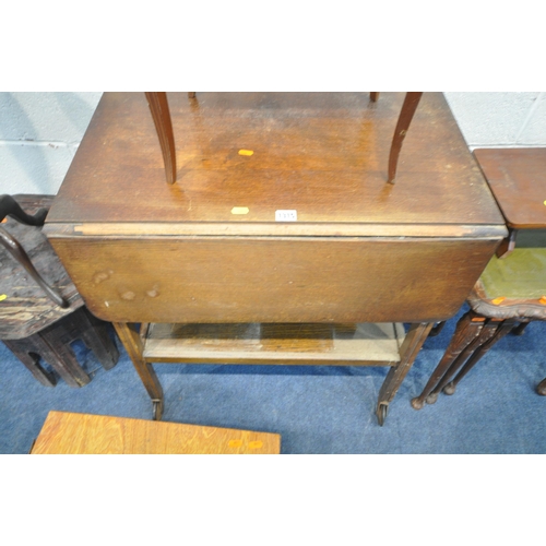 1315 - A 20TH CENTURY OAK TWO TIER DROP LEAF TEA TROLLEY, a lidded musical sewing box and contents, a nest ... 