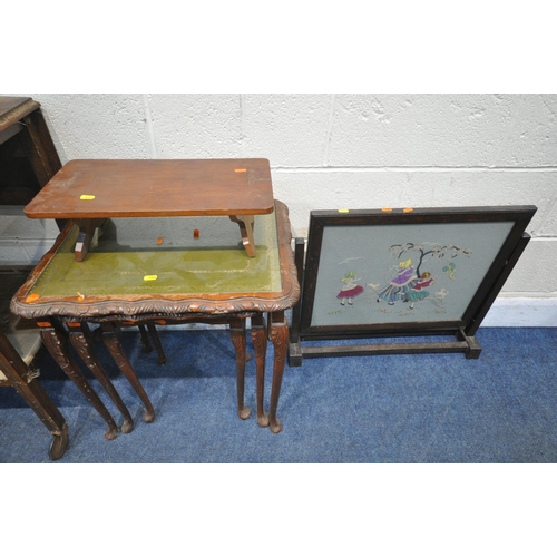 1315 - A 20TH CENTURY OAK TWO TIER DROP LEAF TEA TROLLEY, a lidded musical sewing box and contents, a nest ... 