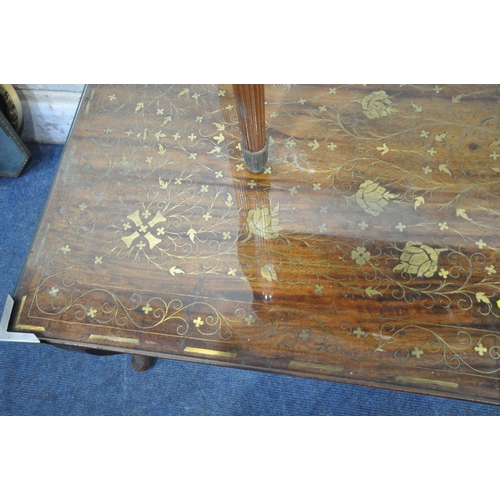 1316 - A 20TH CENTURY MAHOGANY AND BRASS INLAID COFFEE TABLE, with a glass top protector, raised on cabriol... 