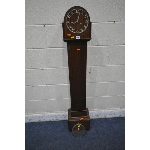 1317 - AN ART DECO MAHOGANY GRANDDAUGHTER CLOCK, height 143cm (condition report: one winding key and pendul... 