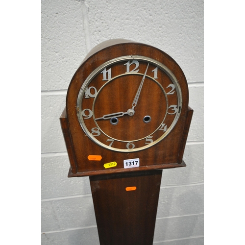 1317 - AN ART DECO MAHOGANY GRANDDAUGHTER CLOCK, height 143cm (condition report: one winding key and pendul... 