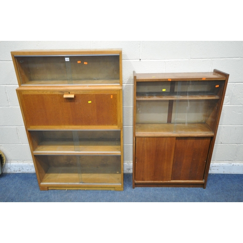 1322 - A MINTY MID CENTURY OAK SECTIONAL BUREAU BOOKCASE, three sections with double glazed sliding doors, ... 