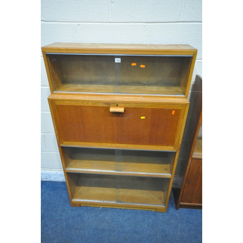 1322 - A MINTY MID CENTURY OAK SECTIONAL BUREAU BOOKCASE, three sections with double glazed sliding doors, ... 