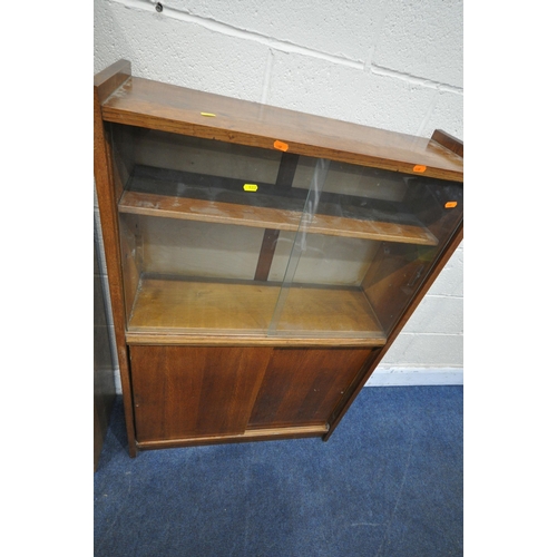 1322 - A MINTY MID CENTURY OAK SECTIONAL BUREAU BOOKCASE, three sections with double glazed sliding doors, ... 