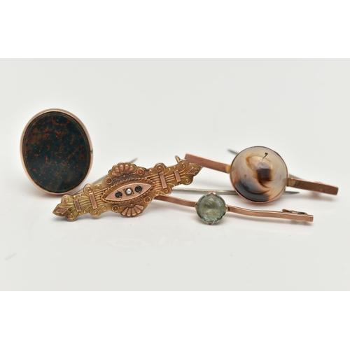 10 - THREE BROOCHES AND A FOB, the first a round cabochon agate stone, collet set in rose metal on a bar ... 