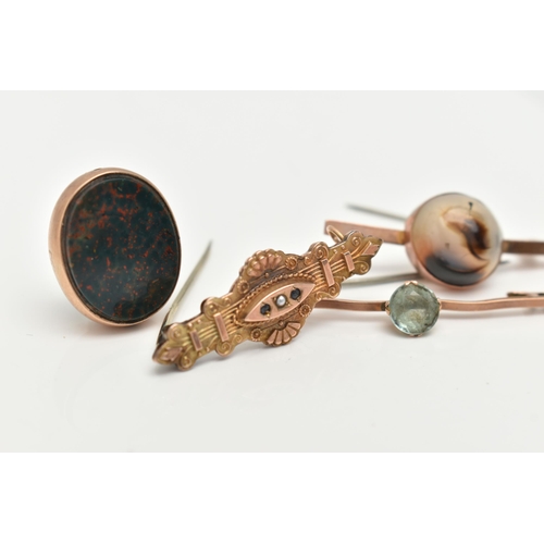 10 - THREE BROOCHES AND A FOB, the first a round cabochon agate stone, collet set in rose metal on a bar ... 