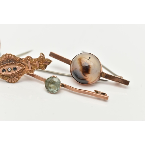 10 - THREE BROOCHES AND A FOB, the first a round cabochon agate stone, collet set in rose metal on a bar ... 