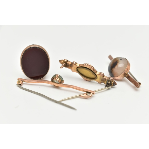 10 - THREE BROOCHES AND A FOB, the first a round cabochon agate stone, collet set in rose metal on a bar ... 