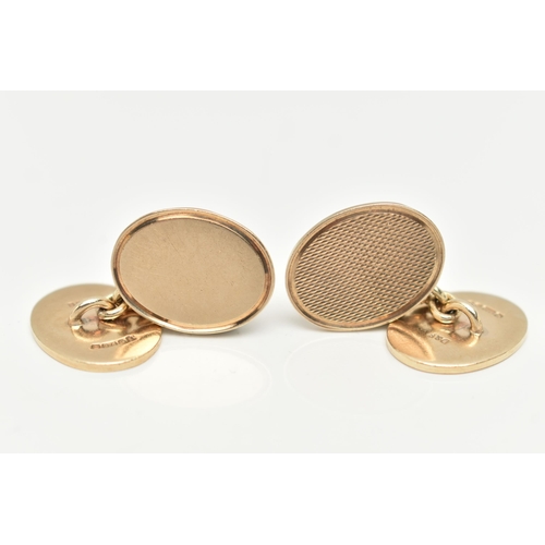 11 - A PAIR OF 9CT GOLD 'DEAKIN & FRANCIS' CUFFLINKS, oval form chain link cufflinks, engine turned patte... 