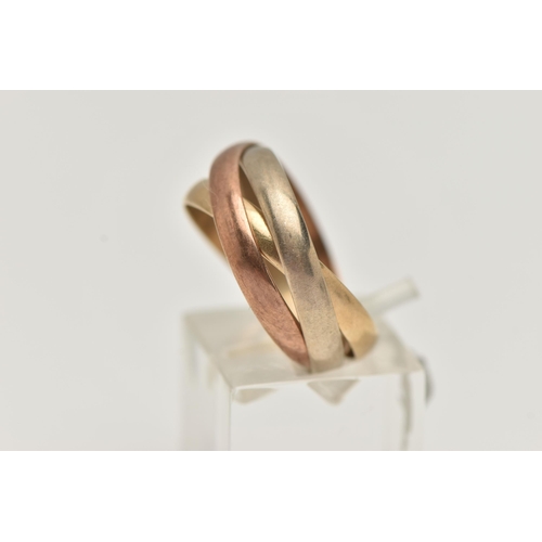 13 - A 9CT GOLD TRI COLOUR RUSSIAN WEDDING RING, a white gold, yellow gold and rose gold ring all interlo... 