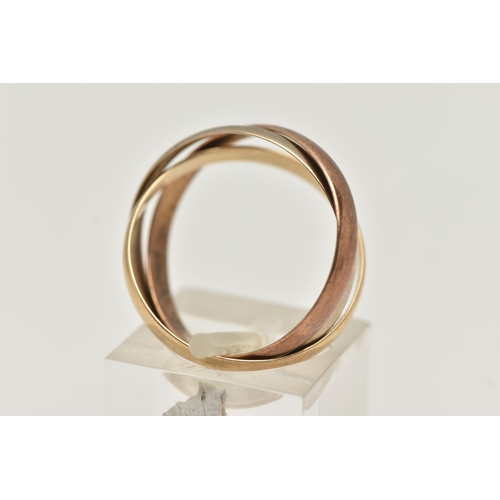 13 - A 9CT GOLD TRI COLOUR RUSSIAN WEDDING RING, a white gold, yellow gold and rose gold ring all interlo... 