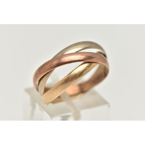 13 - A 9CT GOLD TRI COLOUR RUSSIAN WEDDING RING, a white gold, yellow gold and rose gold ring all interlo... 