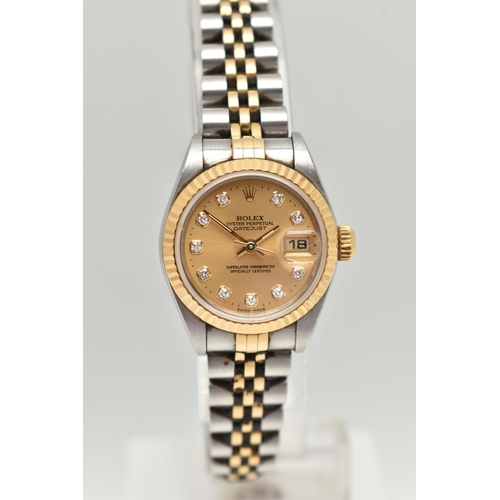 15 - A LADIES BOXED 'ROLEX OYSTER PERPETUAL DATE JUST' WRISTWATCH, round gold dial signed 'Rolex Oyster P... 